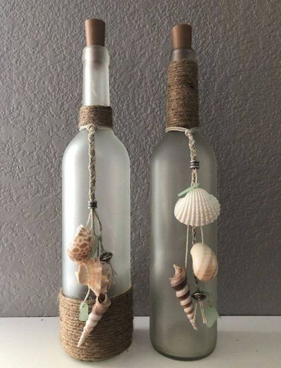 Garrafa de vidro fosca, decorada com conchas, decoração🐚