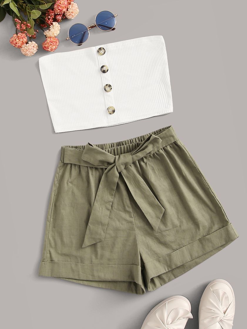 Moda Buttoned Cropped Tube Top & Belted Shorts Set