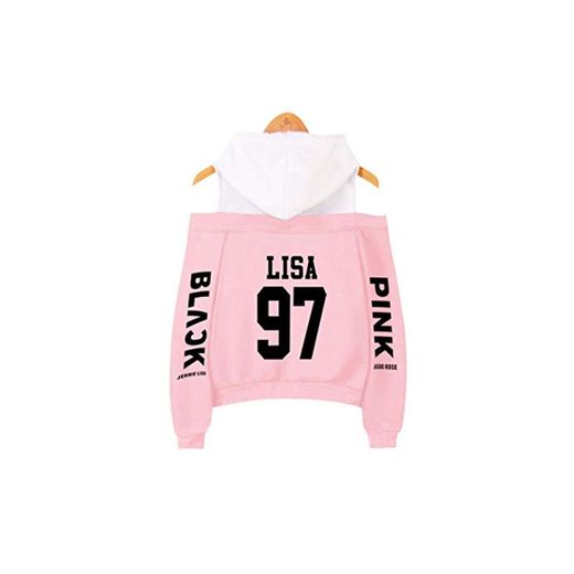 ZIGJOY KPOP Scena Musicale Coreana Strapless Hombro Sudadera con Capucha suéter Sudadera Pullover Rose Jennie Jisoo Lisa para Fans Pink Lisa S