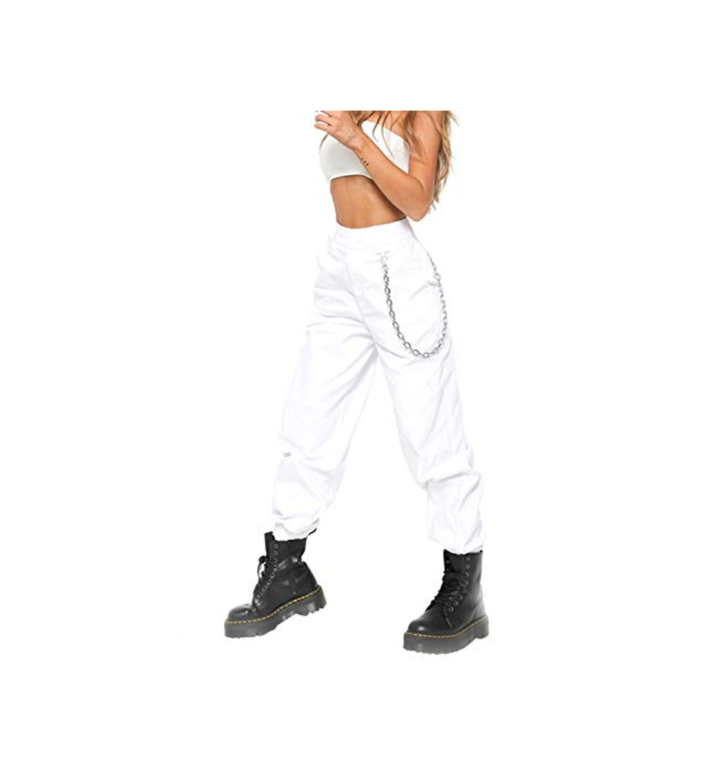 Products Landove Pantalones largos con la cadena y los bolsillos holgados Hip Hop Harem para Mujeres Bianco S