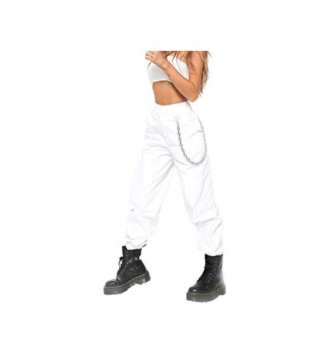 Landove Pantalones largos con la cadena y los bolsillos holgados Hip Hop Harem para Mujeres Bianco S
