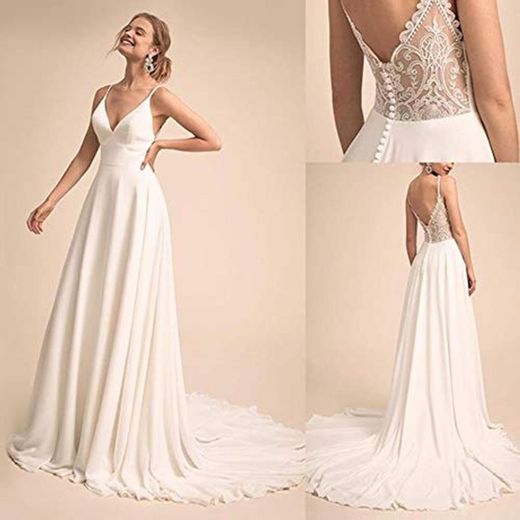 Vestido de novia escote en V con cuello en V sencillo y