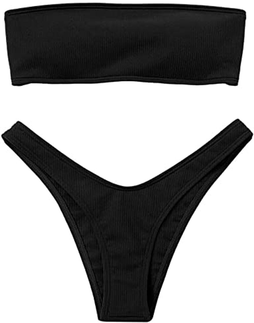 Product Voqeen Mujeres Sexy Bandeau Traje de baño Cuello Alto sin Tirantes Acanalado Cojín extraíble Conjunto de Bikini de Cintura Baja