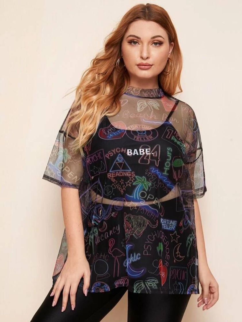 Product Plus Letter Graphic Sheer Mesh Top