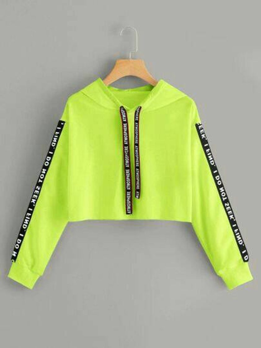 Fashion Neon Lime Letter Tape Drawstring Crop Hoodie

