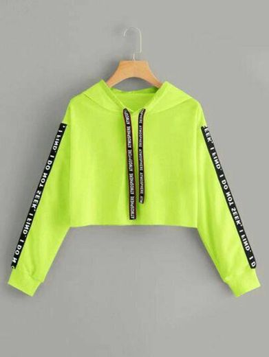 Neon Lime Letter Tape Drawstring Crop Hoodie

