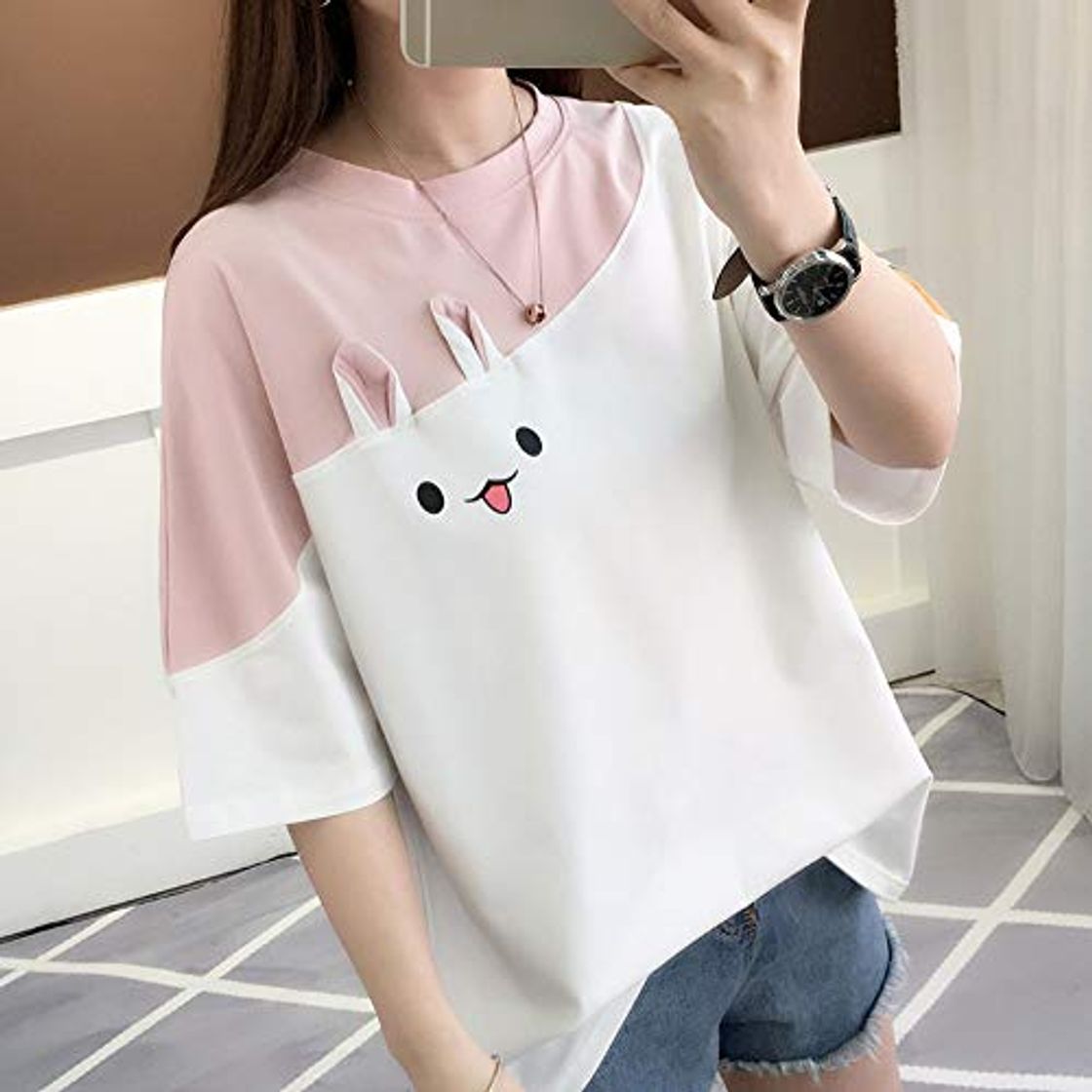 Social ZHOUBIANREN Camiseta T-Shirt Versión Coreana Costuras Sueltas Kawaii Estudiante Lindo Conejo Short-Sleeved