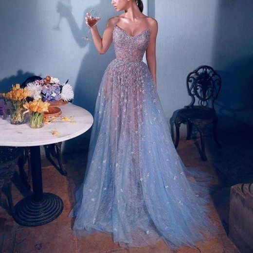 Blue lace prom dress