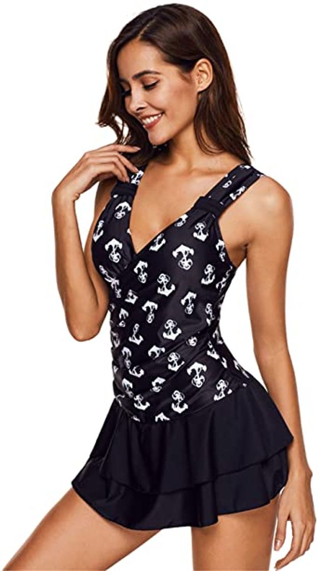 Moda Ropa Traje De Baño Completos Una Pieza Escote Triangular en V Frunces Anchor Bajo de Volante Volantes Tankini Vestido de baño con Falda Shorts Bermuda Bóxer Swimwear Bañador Negro 2XL