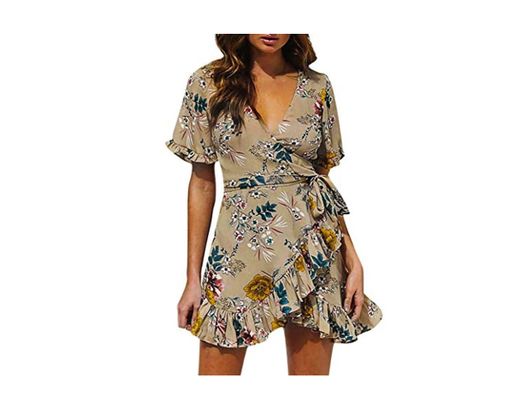 MOMOXI Vestido de Estilo Nacional con Cuello en v y Estampado Bohemio de Manga Corta para Mujer Sexy Vestido de la túnica del Boho del Halter de la Mujer Mini Vestido de la Fiesta de la Playa