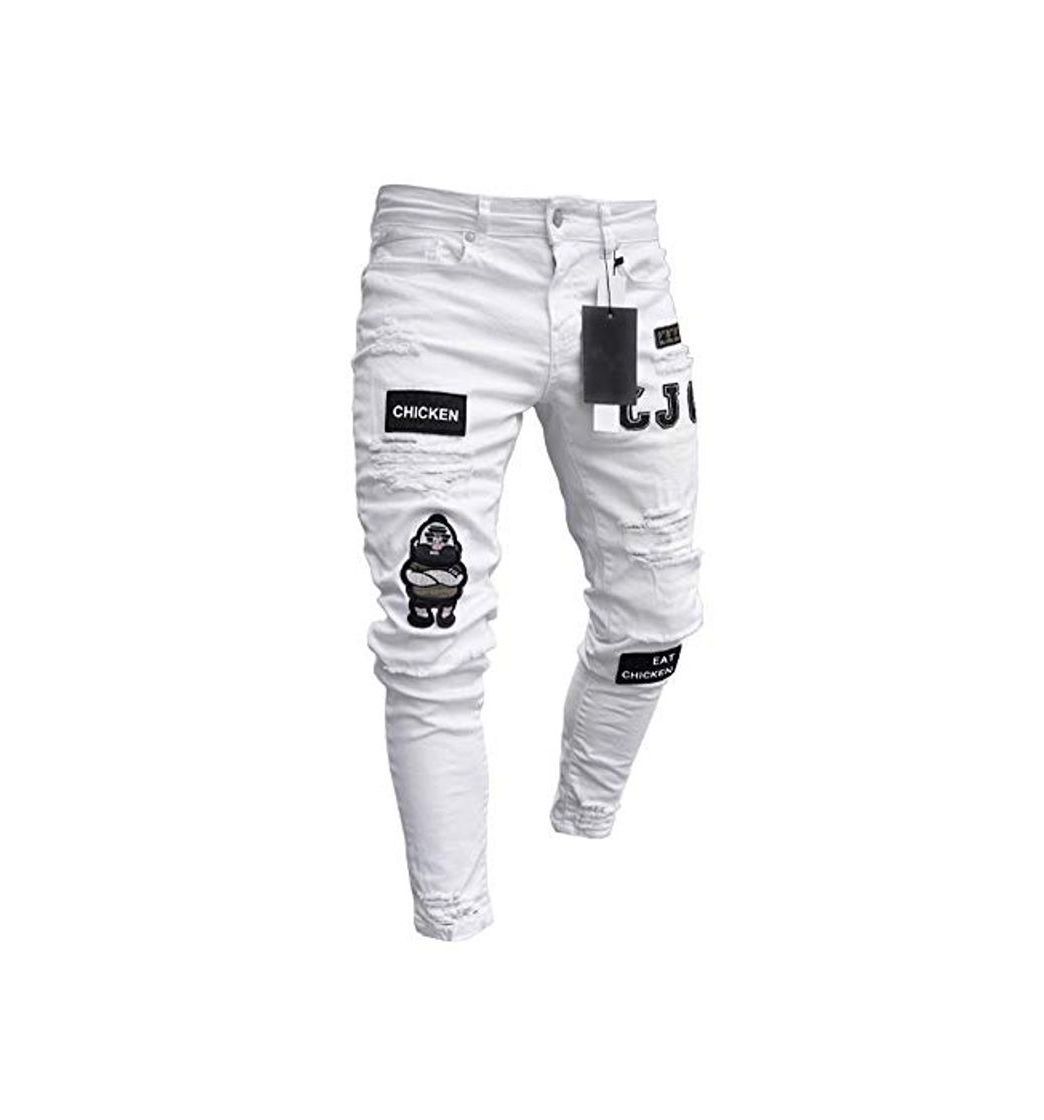 Product Pantalones Vaqueros Hombres Rotos Pitillo Slim Fit Skinny Pantalone Casuales Elasticos Agujero Pantalón Personalidad Jeans de Insignia Blanco L