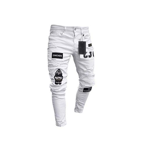 Pantalones Vaqueros Hombres Rotos Pitillo Slim Fit Skinny Pantalone Casuales Elasticos Agujero Pantalón Personalidad Jeans de Insignia Blanco L