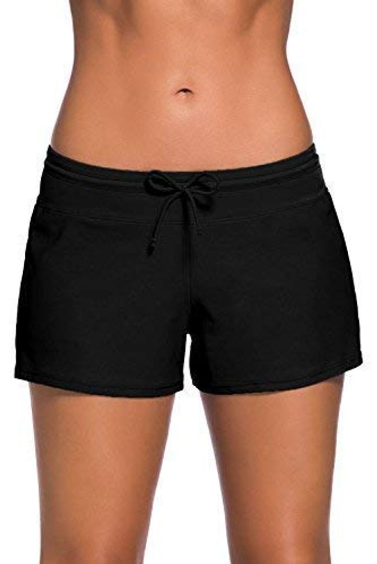 Social Yavero Shorts de Baño Mujer Bañador Short Deportes Acuáticos Shorts de Natación Secado Rápido Bikini Short Cortos con Cordón Ajustables Negro S