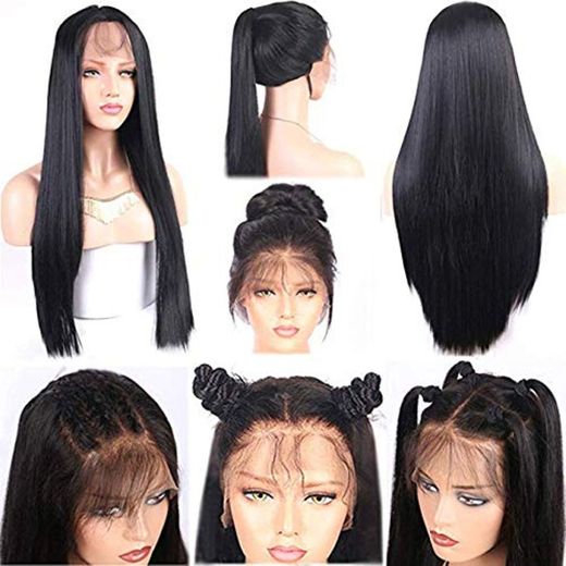 Giannay Straight Hair Lace Front Wigs Long Black Color Synthetic Wigs for Women Heat Resistant Fiber Hair Wig Half Hand Tied 24 Inches Replacement Lace Wigs