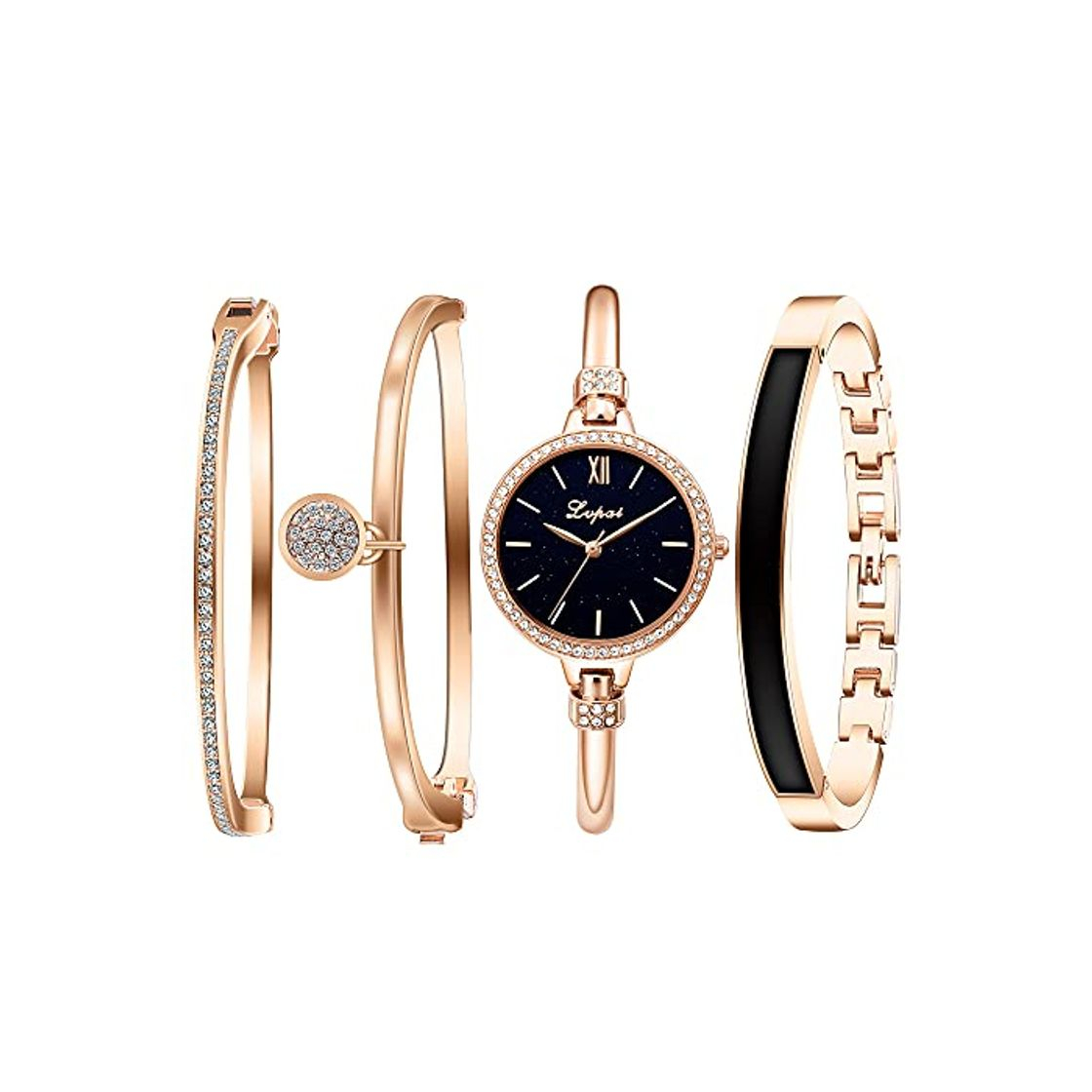 Moda Clastyle Conjunto Reloj y Pulsera Mujer Elegant Oro Rosa Relojes de Pulsera Cristal con 3 Brazaletes Reloj Cielo Estrellado y Pulsera