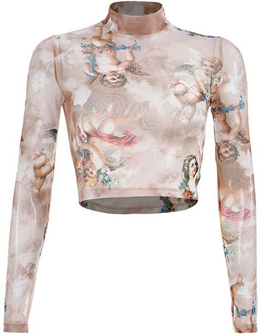 Product Loalirando Crop-Top Transparente Mujer Sexy de Manga Larga con ángeles Impresos Top