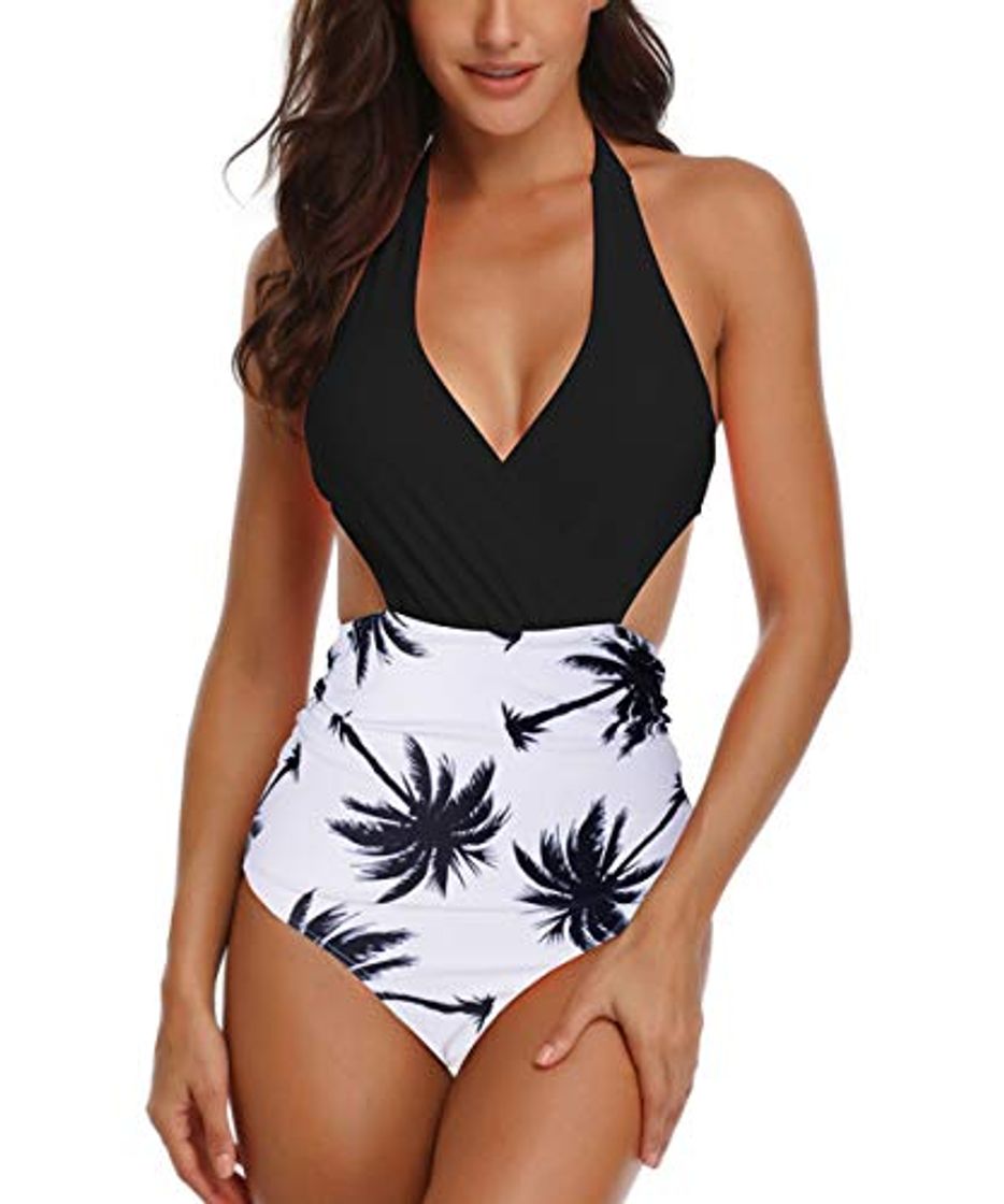 Social Bañador con Falda Traje de baño de Una Pieza Halter para Mujer Cintura Alta Escotado por detrás Sexy Bañadores para Dama