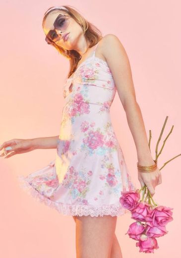 Sugar Thrillz Retro 60s Floral Satin Slip Dress - Pink | Dol
