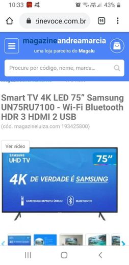 Smart TV 4K LED 75” Samsung UN75RU7100 - Wi-Fi Bluetooth HDR