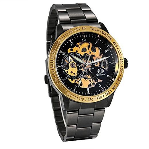 JewelryWe Reloj Mecánico Automático para Hombre Reloj Negro Acero Inoxidable