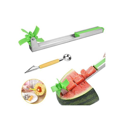 LYTIVAGEN Cortador de Sandía Acero Inoxidable Cortador de Molino de Viento con 2 en 1 Cuchara de Melon Cortador de Melón Cortador de Frutas para Cortar Sandía Melón