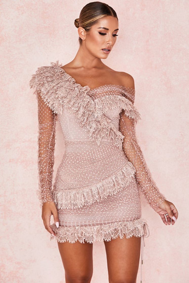 Moda Clothing : Bodycon Dresses : 'Sorrel' Blush Lace Frill Mini Dress