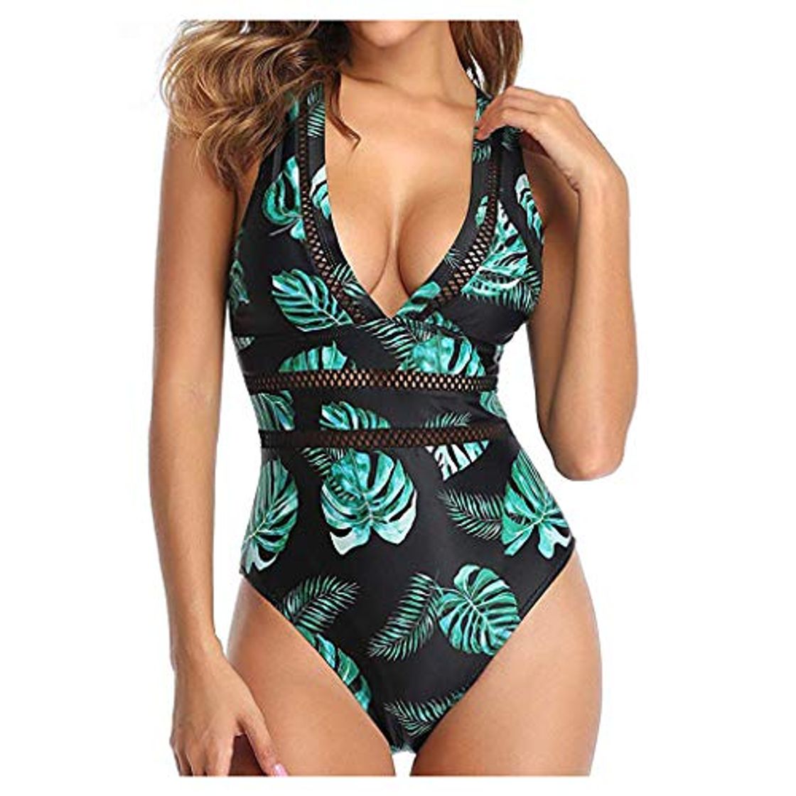 Producto LANSKIRT Bikins Mujer 2020 Sexy Traje de Baño Una Pieza de Encaje Sexy de Talla Grande Bikinis Trikini Biquini Estampadas Planta Verde Bohemios Ropa de Playa Moda Bañadores Verano