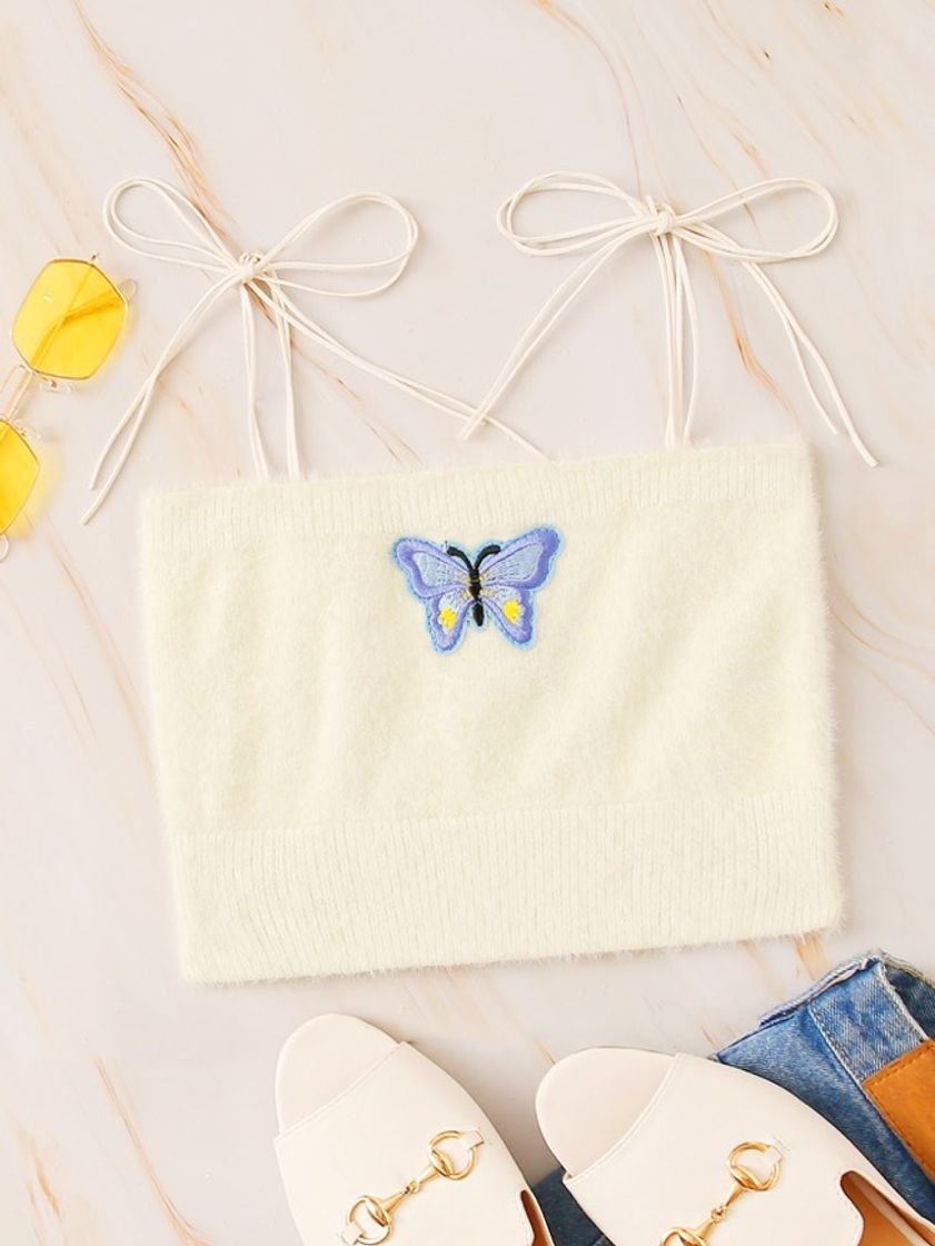 Moda Top tejido de peluche con bordado de mariposa 