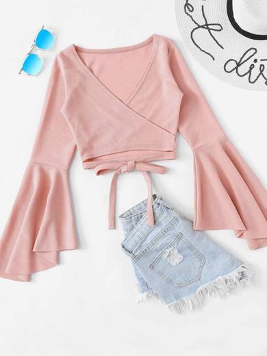 Bell Sleeve Self-Tie Crop Top | SHEIN USA