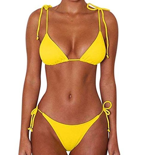 JFan Bikini de Lazo Acanalado para Mujer Traje de Baño Brasileño con Parte Inferior Descarada