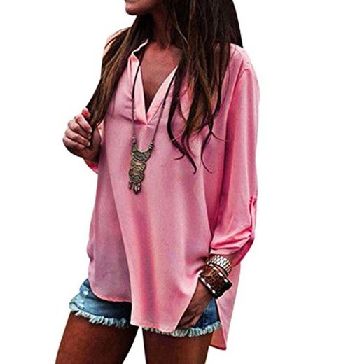 Blusa Gasa Blusas Manga Larga para Dama Camisas de Mujer Blusones Camisetas Largas Juveniles Top Cuello en V Boton Tops Camisa Fiesta Elegantes Anchas Verano Color Solido Casual Pink L