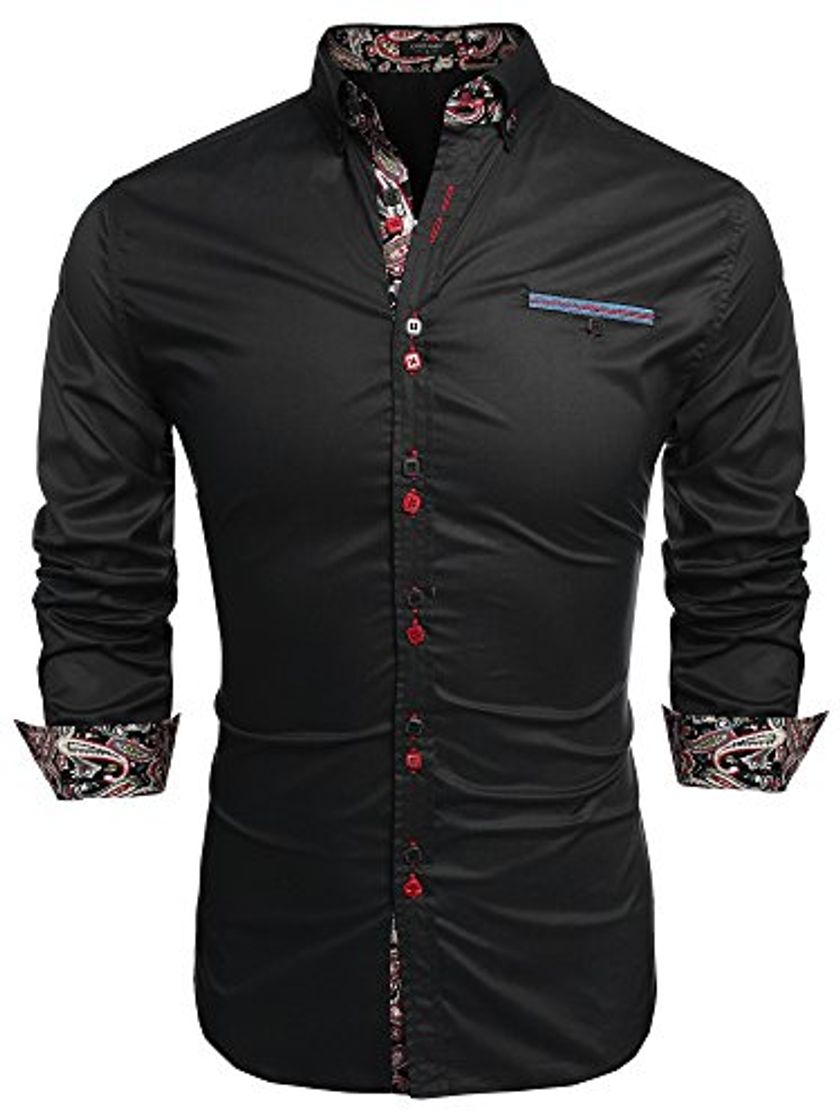 Fashion Coofandy Camisa Casual Manga Larga Para Hombre de Moda Negro Talla