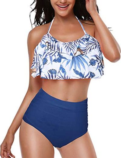 Yuson Girl Mujer Conjunto De Frill Bikini Tiras Talle Alto Tallas Grandes Sexy Traje De Baño Cuello Halter Vintage Vientre Plano con Volantes Top Bikini Push Up Flores Braga Triangulo Alta