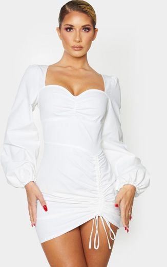 White Long Sleeve Sweetheart Neck Ruched Shirt Dress