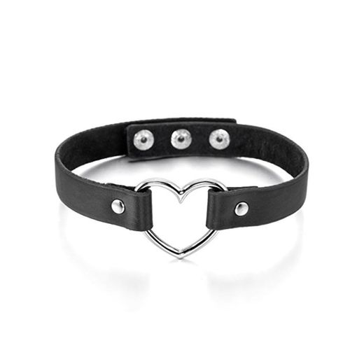 MunkiMix Aleación Genuina Cuero Collar Gargantilla Negro El Tono De Plata Corazón Heart Ajustable