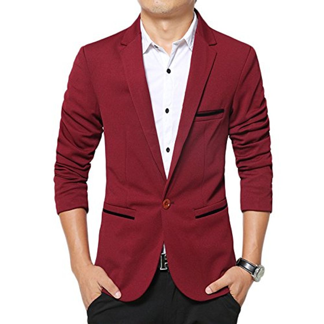 Fashion LEOCLOTHO Blazer Casual para Hombre Slim fit Chaquetas de Traje de Un Solo Pecho para Negocios Boda Ocio Rojo 2XL