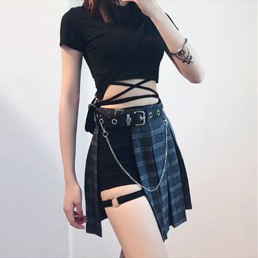 Hip hop irregular stitching plaid skirt