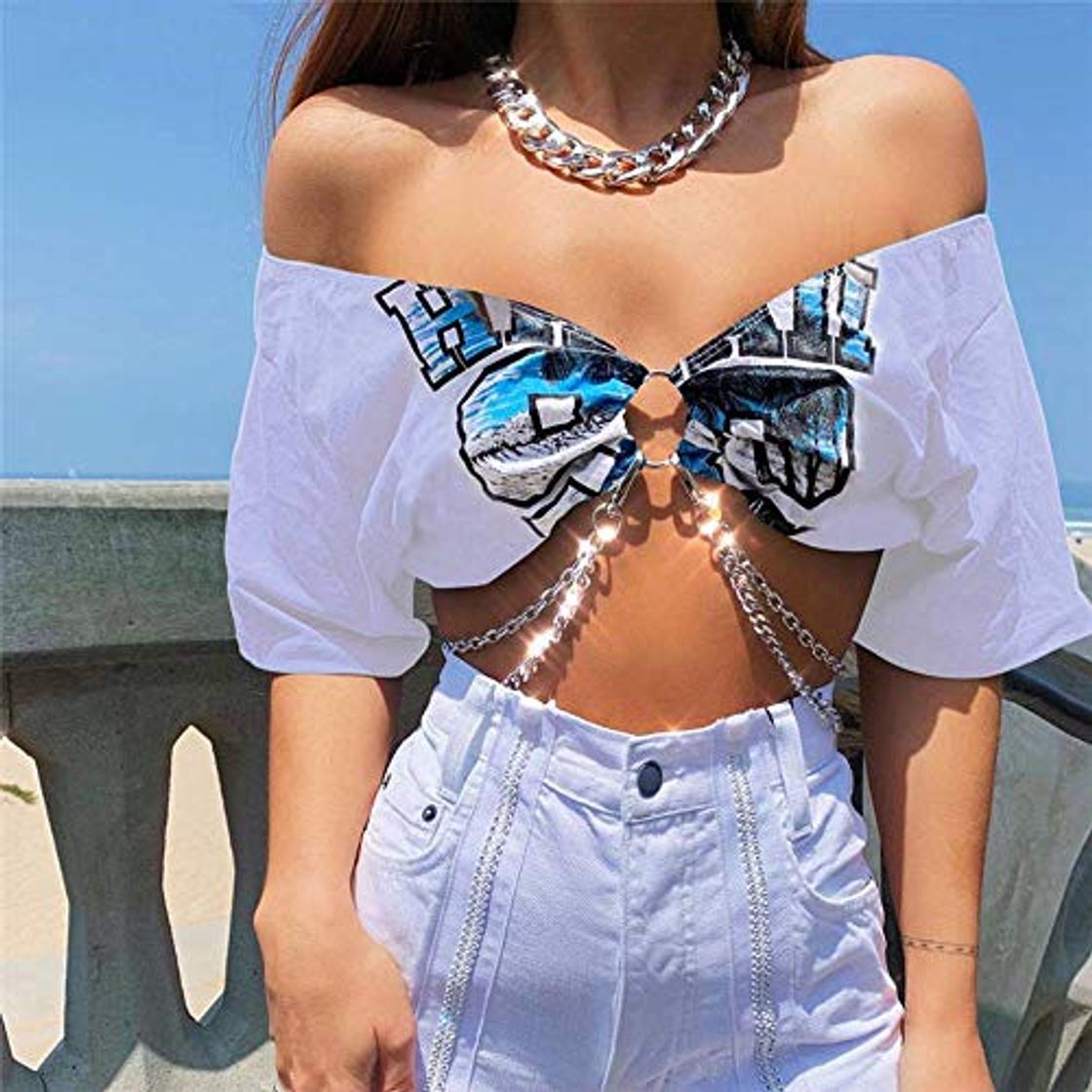 Social YANGPP Camiseta Sexy para Mujer Camiseta con Estampado De Cadena De Metal