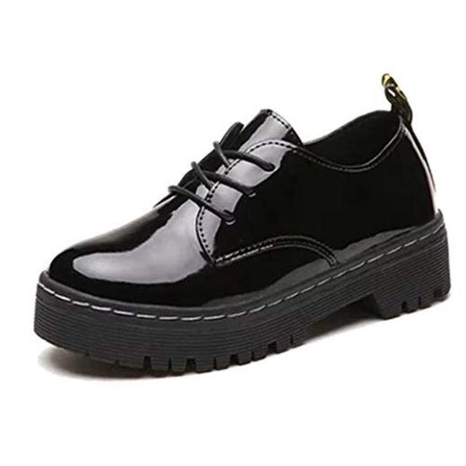 Zapatos de Plataforma para Mujer Otoño Impermeable Charol con Cordones Pisos de Punta Redonda Zapatos Oxfords Retro Zapatos de Cuero Casuales Femeninos
