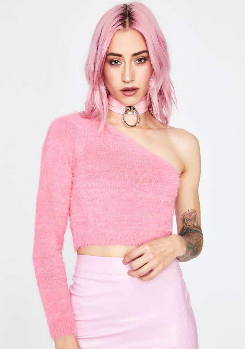 Product Fuzzy One-Sleeve Crop Sweater Pink