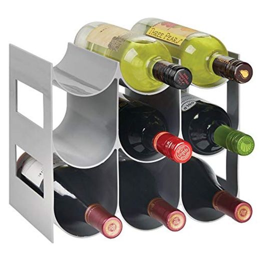 mDesign Práctico estante para botellas de vino – Botelleros para vino y otras bebidas para guardar hasta 9 unidades – Vinoteca de plástico de pie – gris