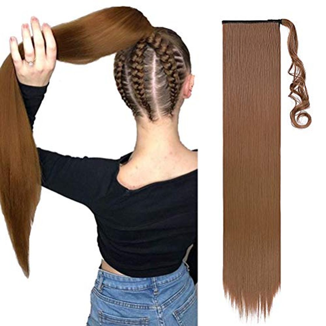 Social Extensiones de Clip de Pelo Natural Coleta Postiza Extensiones de Cabello Liso Ponytail Largo Clip in Hair Extension Cola Wrap around 80cm Marrón claro