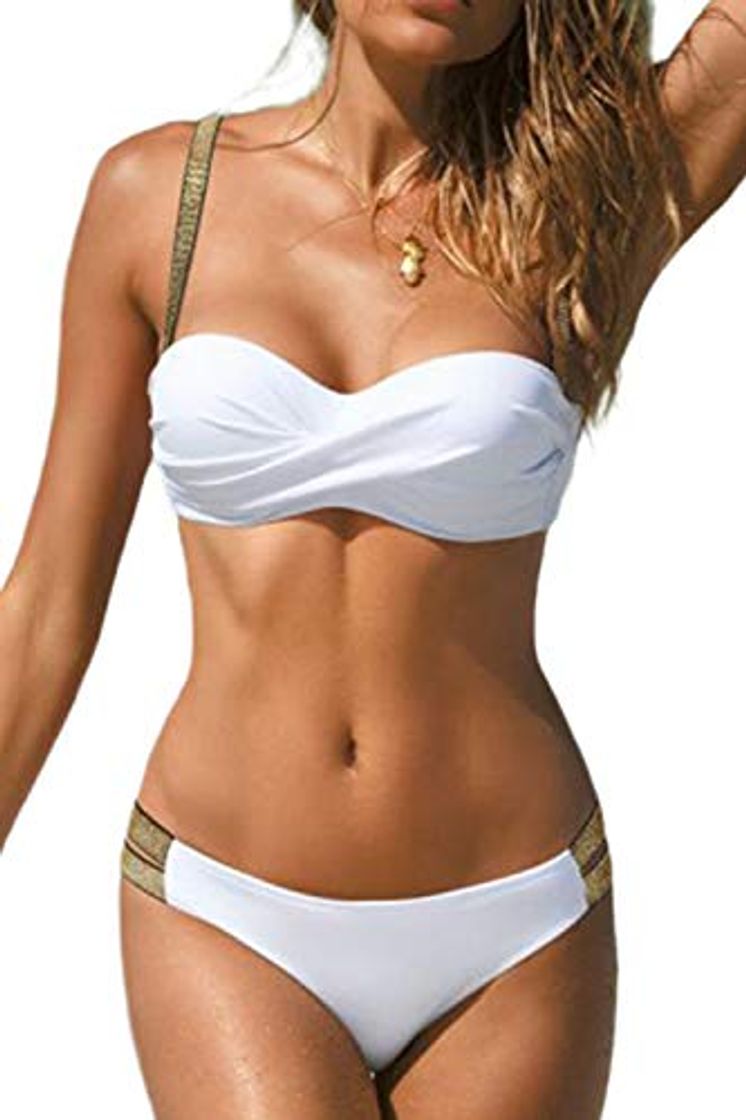 Social JFAN Traje de Baño de Mujer Cinturón Dorado Acolchado Bra Tops de Bikini Conjunto de Bikini de Color Liso Push Up Swimwear Dos Piezas Trajes de Baño Divididos
