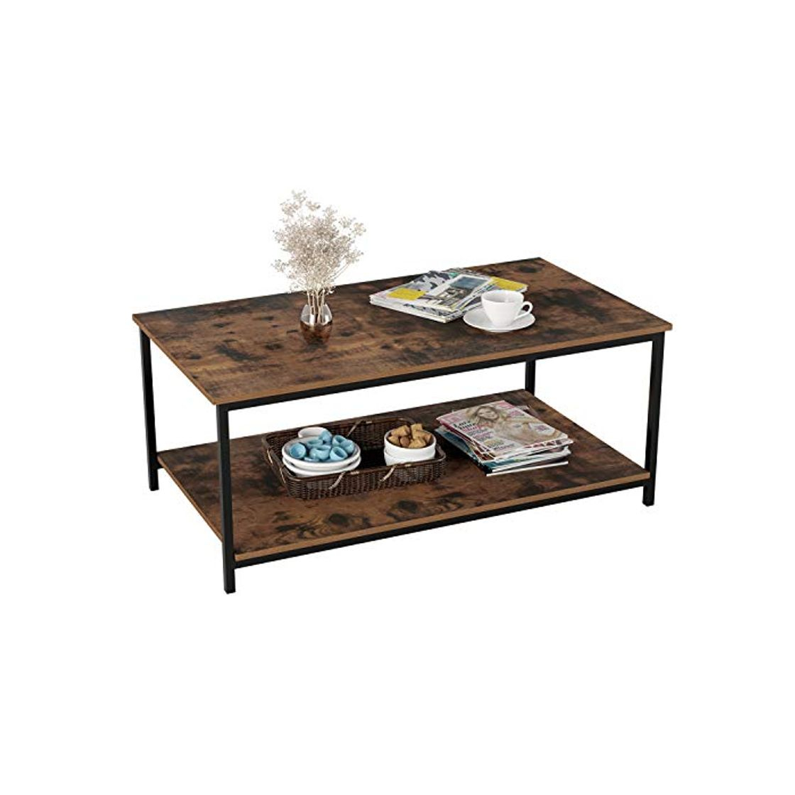 Social Homfa Mesa de Centro Mesa Auxiliar Salón Mesa de Café Mesa Metálica y Madera con 2 Niveles Negro y Vintage 108x52x45cm