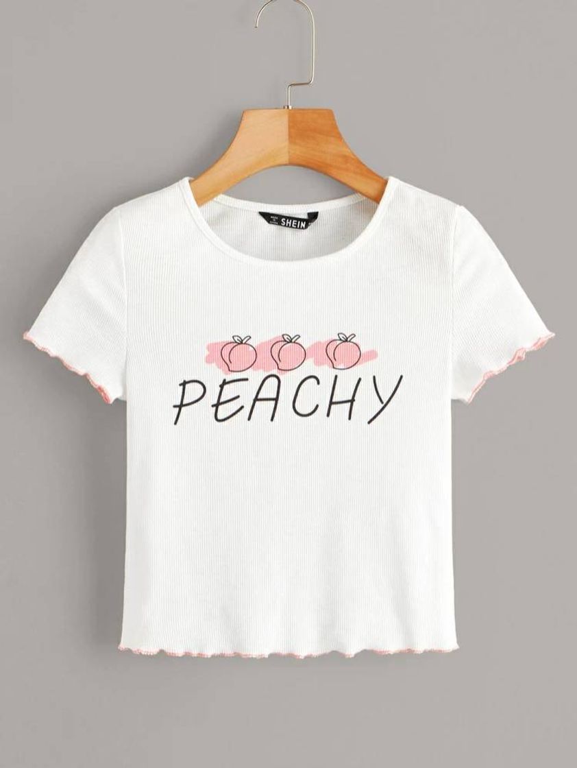 Camiseta corta acanalada con estampado melocotón