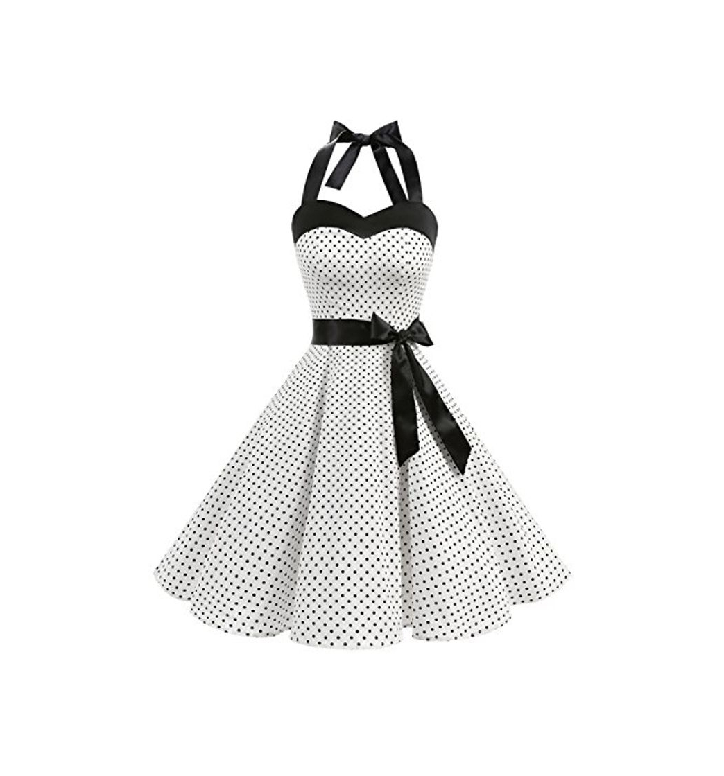 Product Dresstells® Halter 50s Rockabilly Polka Dots Audrey Dress Retro Cocktail Dress White Small Black Dot L