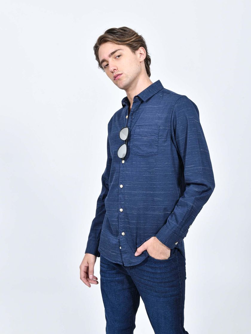 Social Camisa Azul Marino Cuello Clásico - Cuidado con el Perro