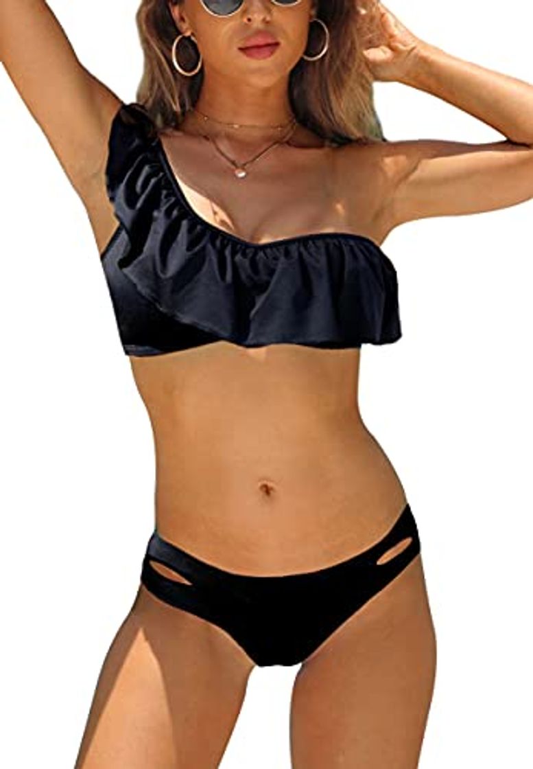 Fashion Bikinis para Mujer Push Up Traje De Baño de Un Solo Hombro con Volantes Asimétrico Bañador de Dos Piezas con Cintura Baja