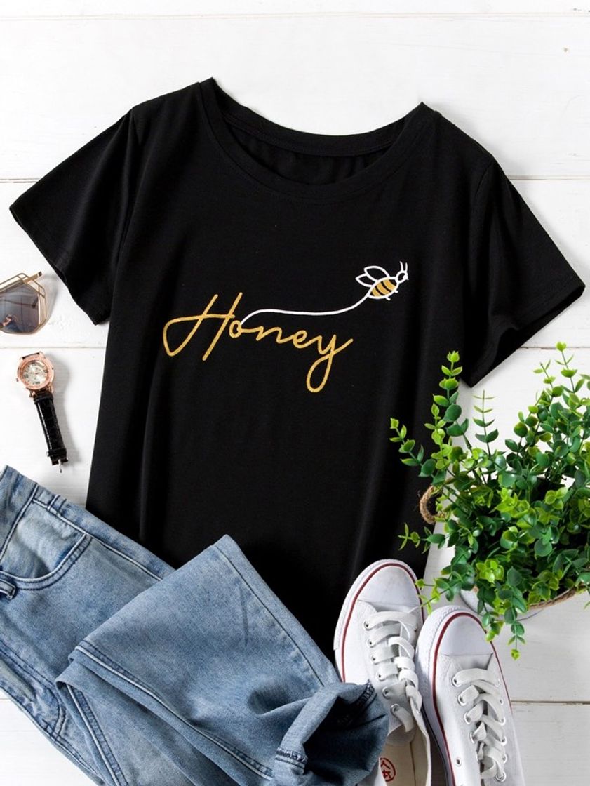 Fashion Camiseta con estampado de abeja y letra 