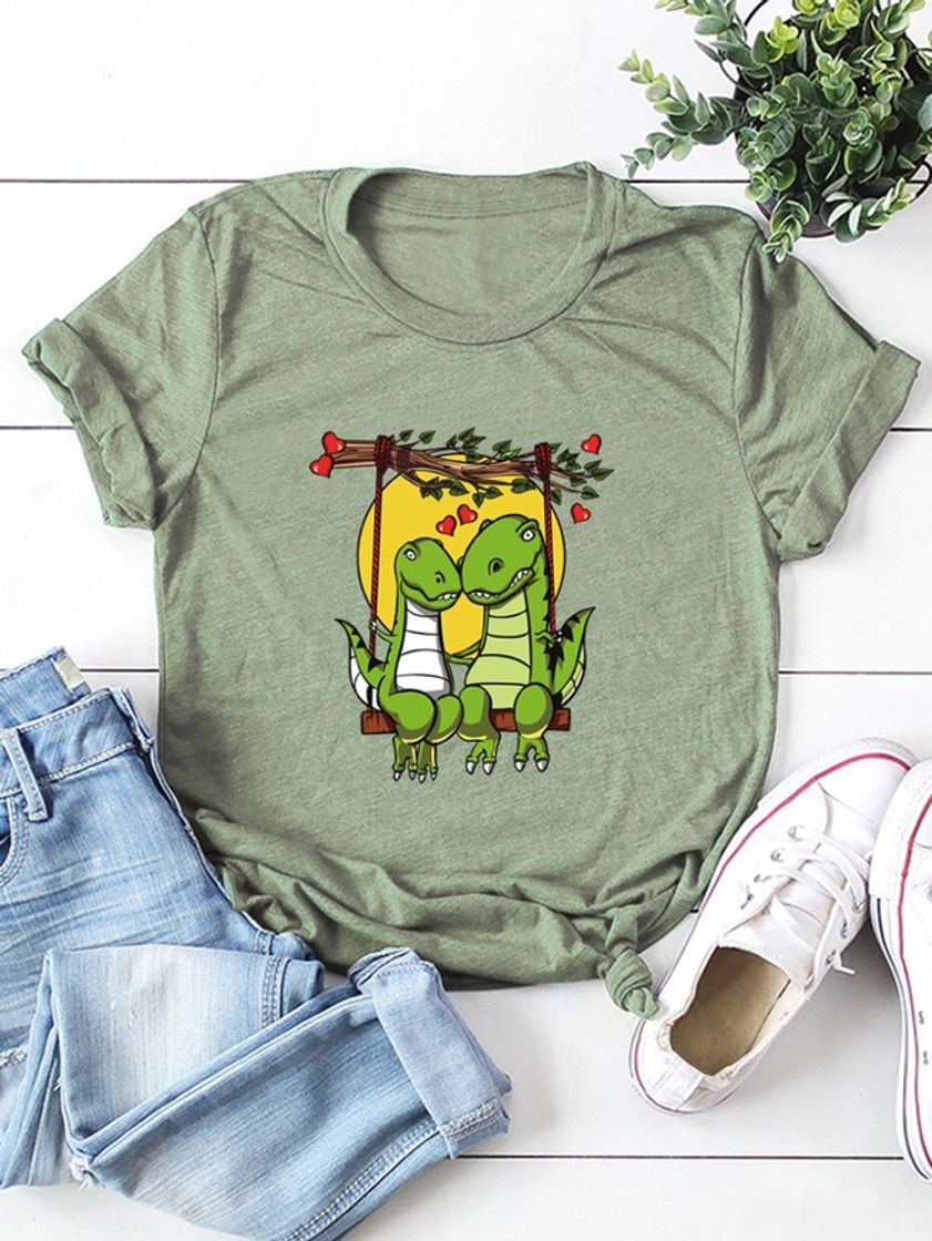 Fashion Camiseta de manga corta con estampado de dinosaurio 